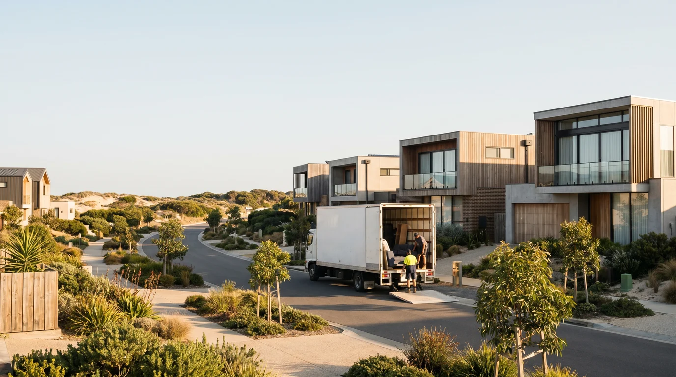 A removal truck at the kerb on a street in Greenhills Beach, Cronulla peninsula