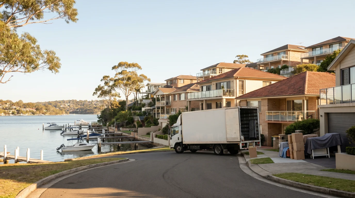A removal truck at the kerb on a street in Port Hacking, Cronulla peninsula